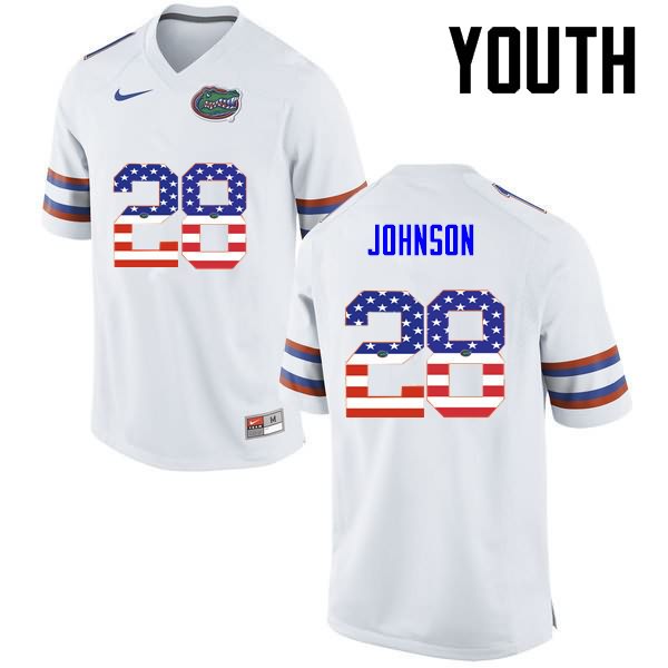 Youth NCAA Florida Gators Kylan Johnson #28 Stitched Authentic USA Flag Fashion Nike White College Football Jersey ODO3765UK